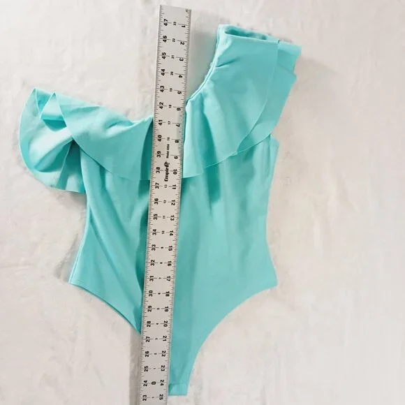 boohoo, NWOT One Shoulder Ruffled Aqua Bodysuit Size 6 Bodycon, Beachy, Vacation - Picture 8 of 11
